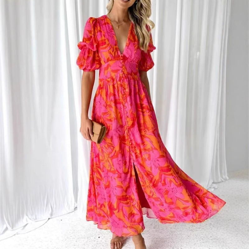 Damen Maxikleid mit Blumenmuster und V-Ausschnitt R&B