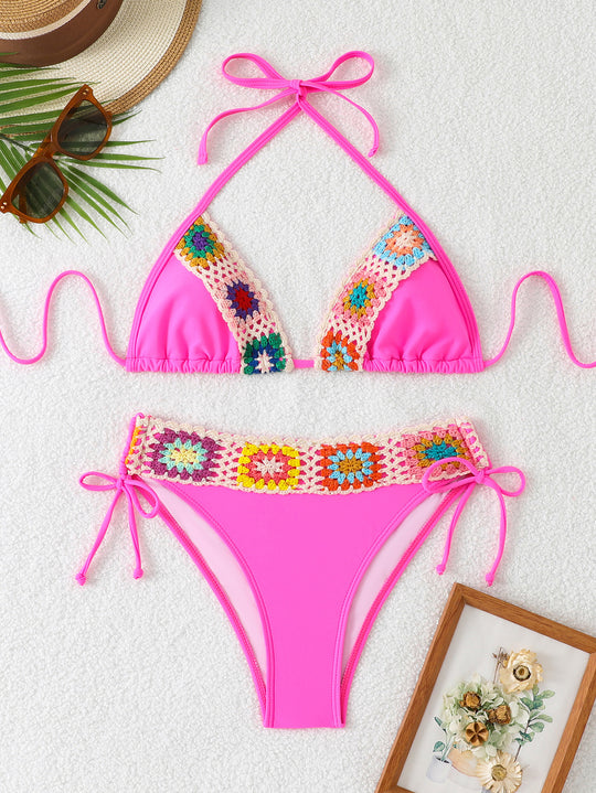 Damen Triangel-Bikini-Set mit buntem Häkelbund R&B