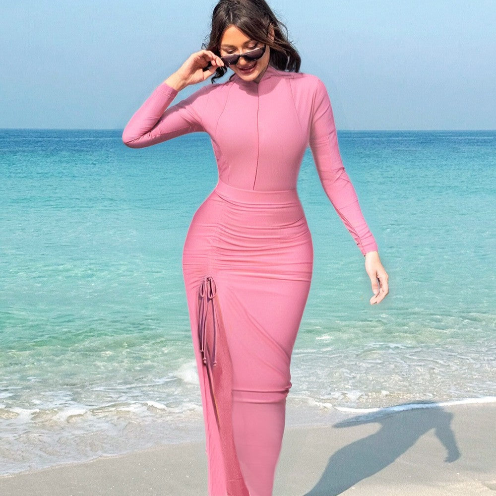 Damen eleganter Sport-Badeanzug mit hochgeschlossenem Kragen und seitlichen Raffung R&B