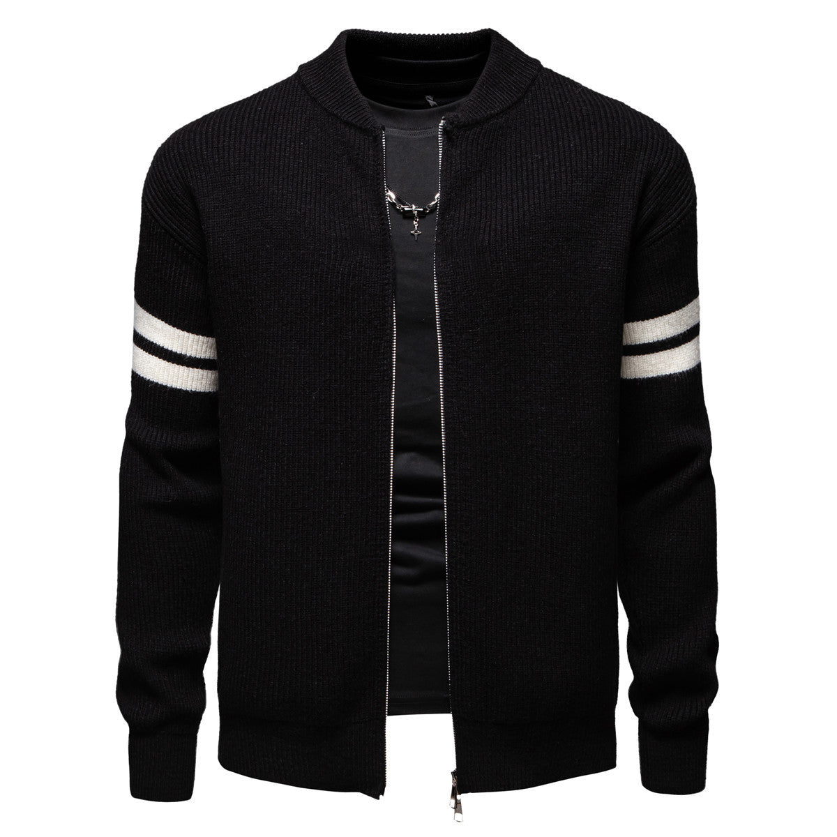 Herren Strickjacke mit modernem Zipper und dekorativem Streifenmuster