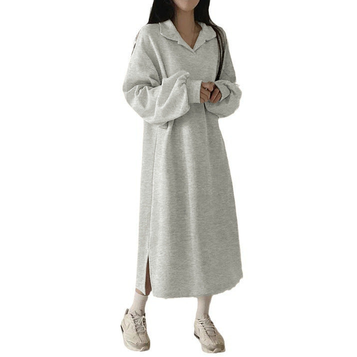 Damen elegantes Hoodie-Kleid mit lässigen Puffärmeln und seitlichem Schlitz
