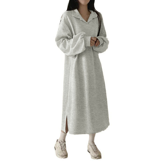 Damen elegantes Hoodie-Kleid mit lässigen Puffärmeln und seitlichem Schlitz