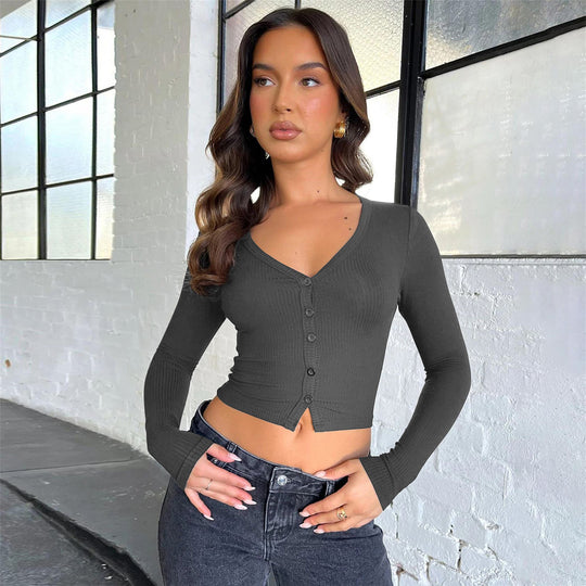 Damen figurbetontes Langarmshirt mit Knopfleiste R&B