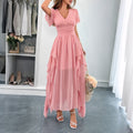 Damen Maxi-Kleid mit fließendem Rüschendesign und V-Ausschnitt R&B
