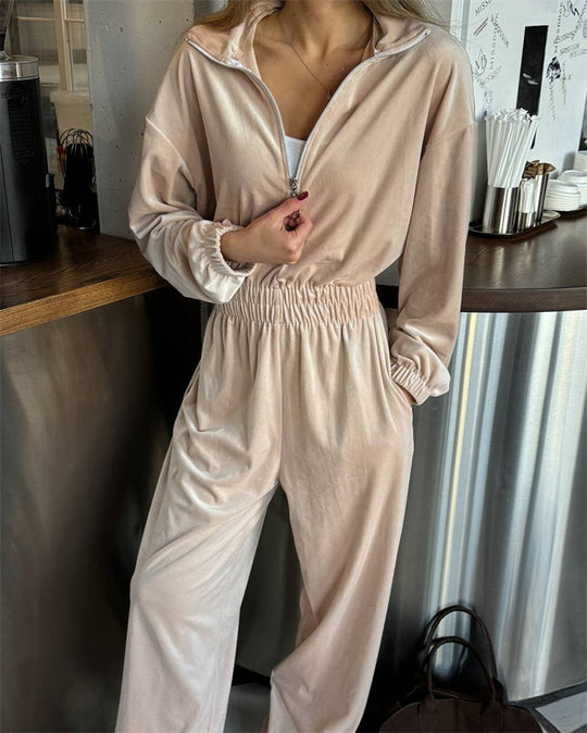 Damen Eleganter Fleece-Jumpsuit mit hohem Kragen und weit geschnittenen Beinen R&B