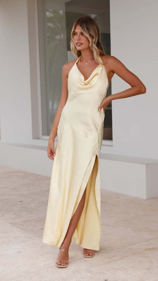 Damen Maxikleid mit halb-transparentem Halterneck und erotischem Schlitz R&B