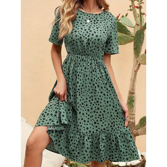Damen Sommerliches A-Linien Kleid mit Rüschensaum und Punkten R&B