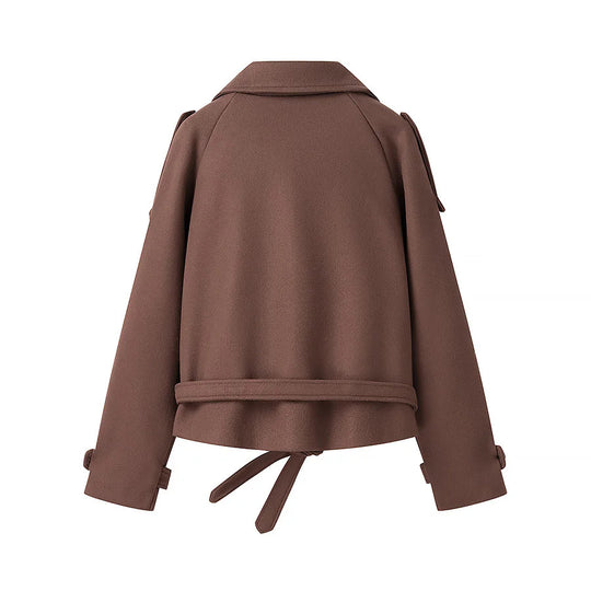 Damen elegante Kurzmantel mit doppelter Knopfreihe und Taillengürtel R&B