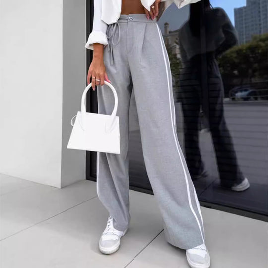 Damen nan hochgeschnittene weite Freizeithose mit sportlichem Seitenstreifen und Bindegürtel R&B