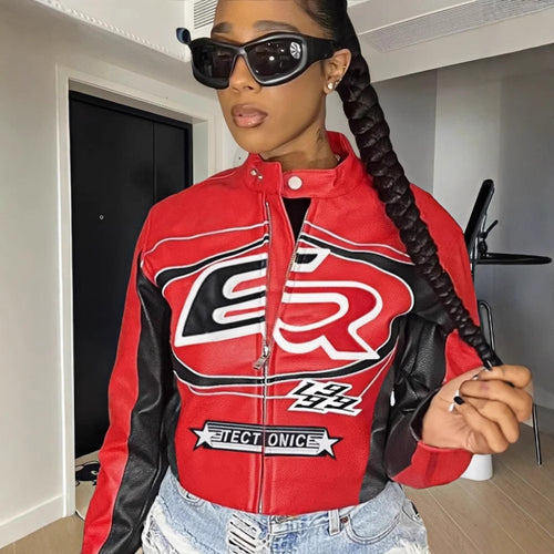 Damen cropped Kunstlederjacke mit kontrastierenden Farbdetails R&B