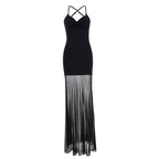 Damen Elegantes Maxikleid mit tiefem Ausschnitt und fließendem Tüllrock R&B