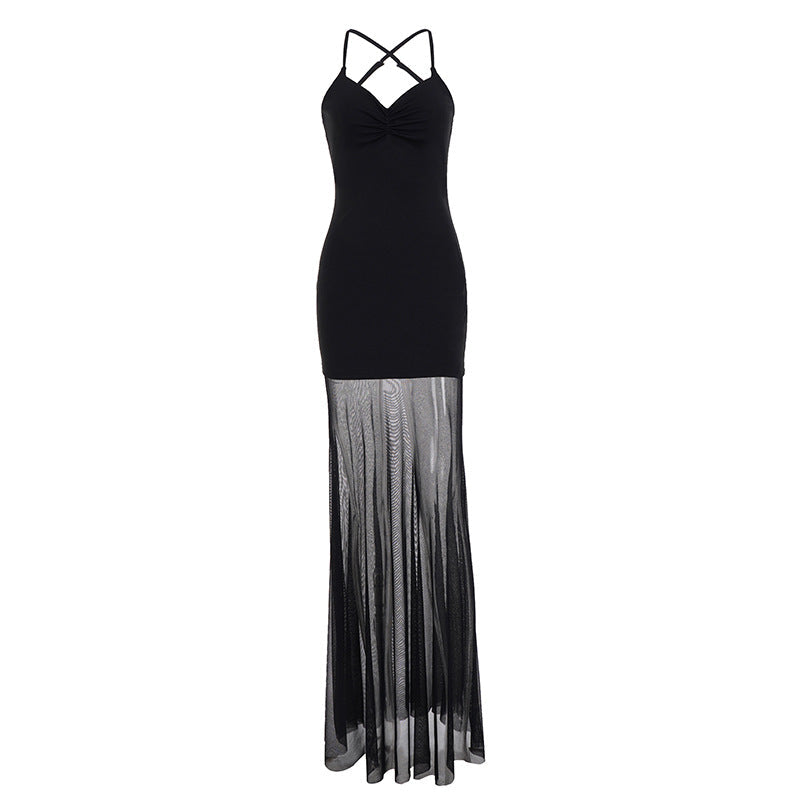 Damen Elegantes Maxikleid mit tiefem Ausschnitt und fließendem Tüllrock R&B