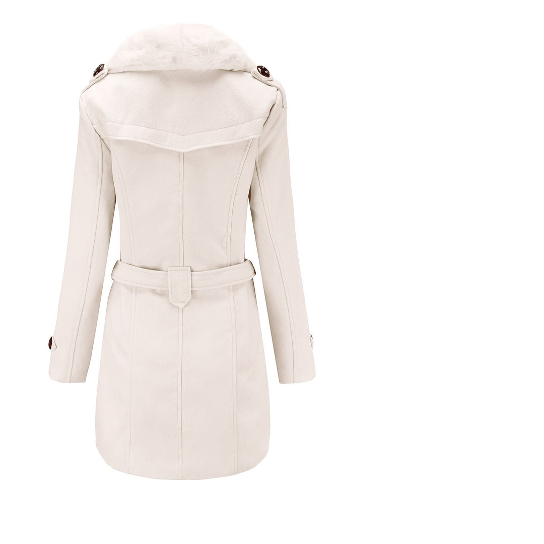 Damen eleganter Trenchcoat mit Kunstpelzkragen und Taillengürtel R&B