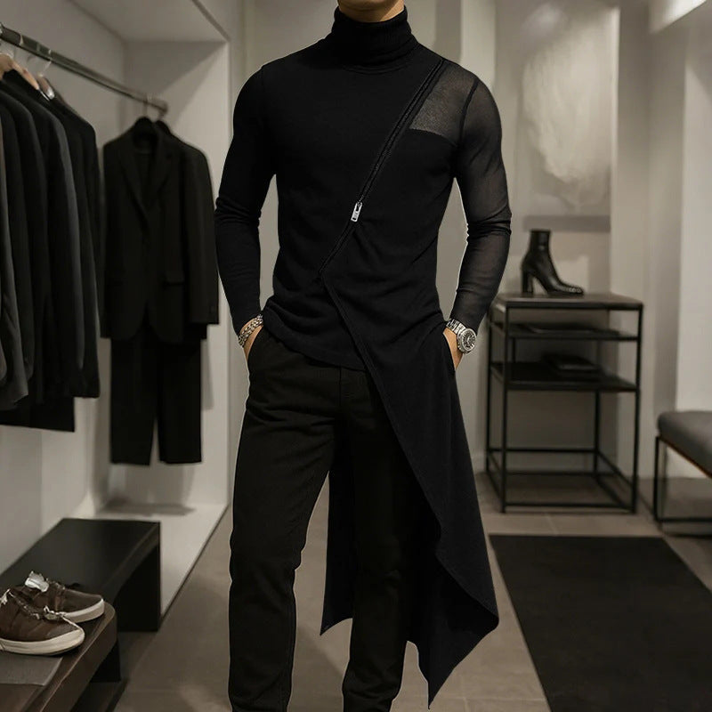 Damen nan avantgardistisches Longshirt mit schrägem Reißverschluss, Stehkragen und unregelmäßigem Zipfelsaum R&B