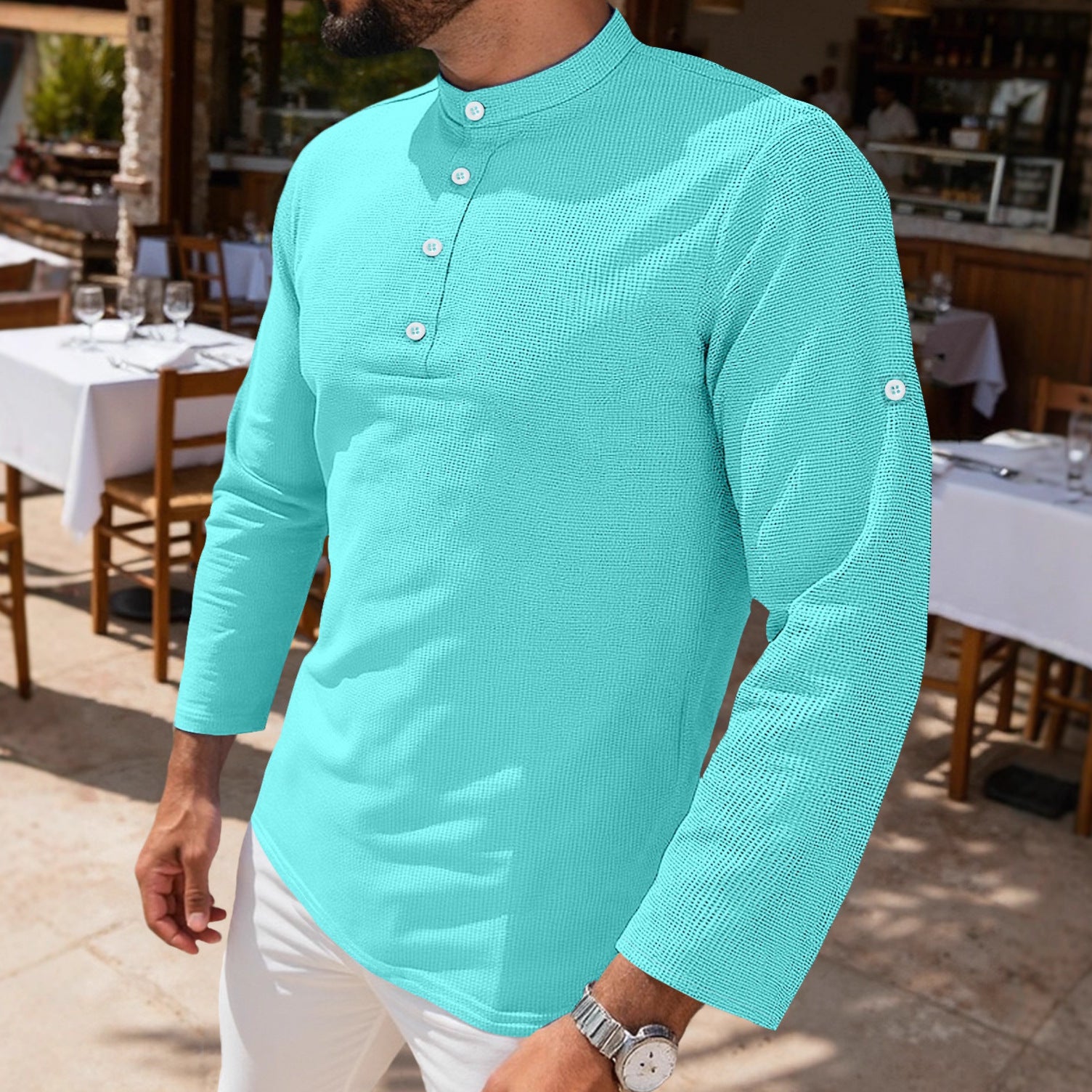Herren nan strukturiertes Langarm-Henley mit Nehru-Kragen und Ton-in-Ton-Knopfleiste R&B