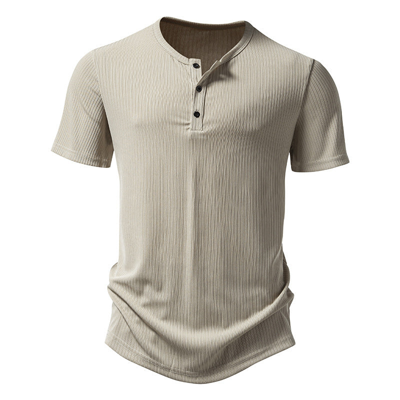 Herren stylisches Kurzarm-Henley-Shirt mit strukturiertem Design und zwei Knopf-Details R&B