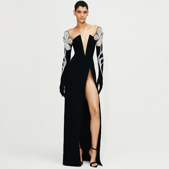 Damen Elegantes Abendkleid mit glitzernden Flügel-Applikationen und tiefem V-Ausschnitt R&B