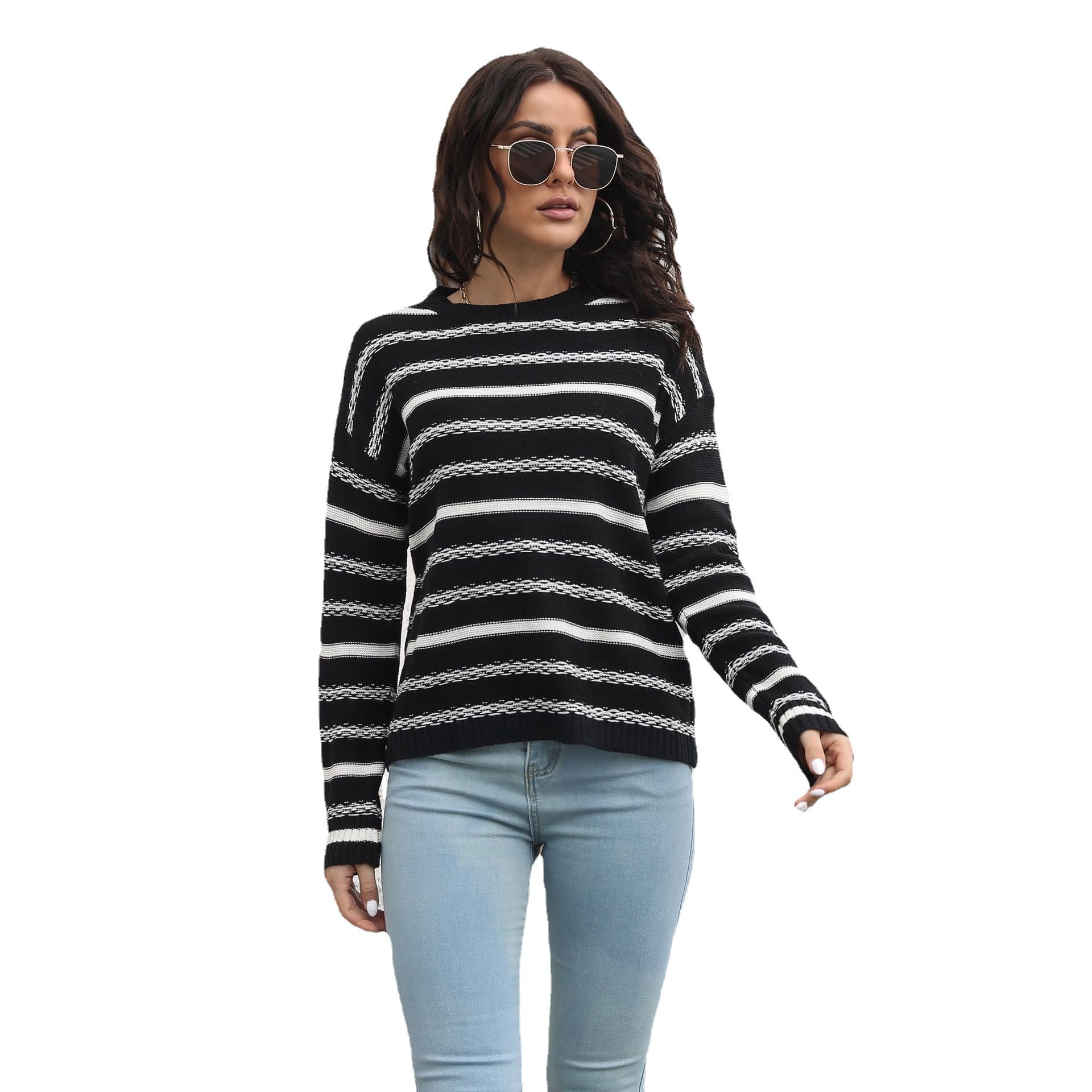 Damen Lässiger Strickpullover mit modernem Streifenmuster und komfortablem Schnitt R&B