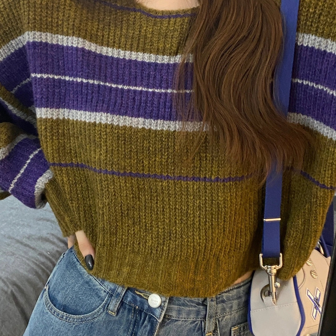 Damen kurz geschnittener Strickpullover mit horizontalem Streifenmuster R&B