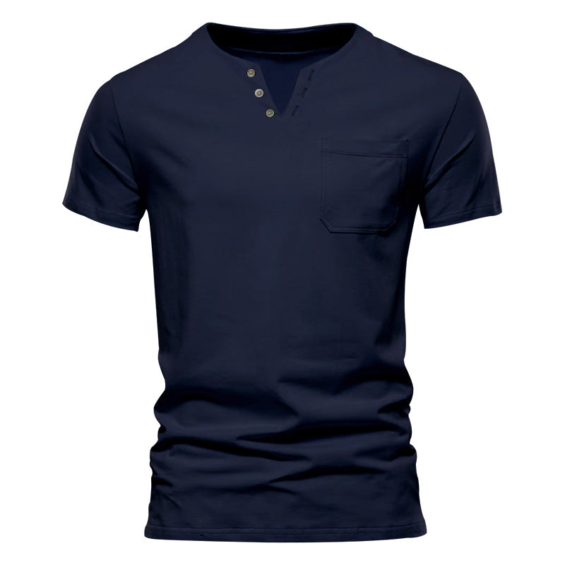 Herren Kurzarm-Henley-T-Shirt mit praktischer Brusttasche und anpassbarem Knopfverschluss R&B