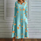 Damen Maxikleid mit V-Ausschnitt und herbstlichem Blattdesign R&B