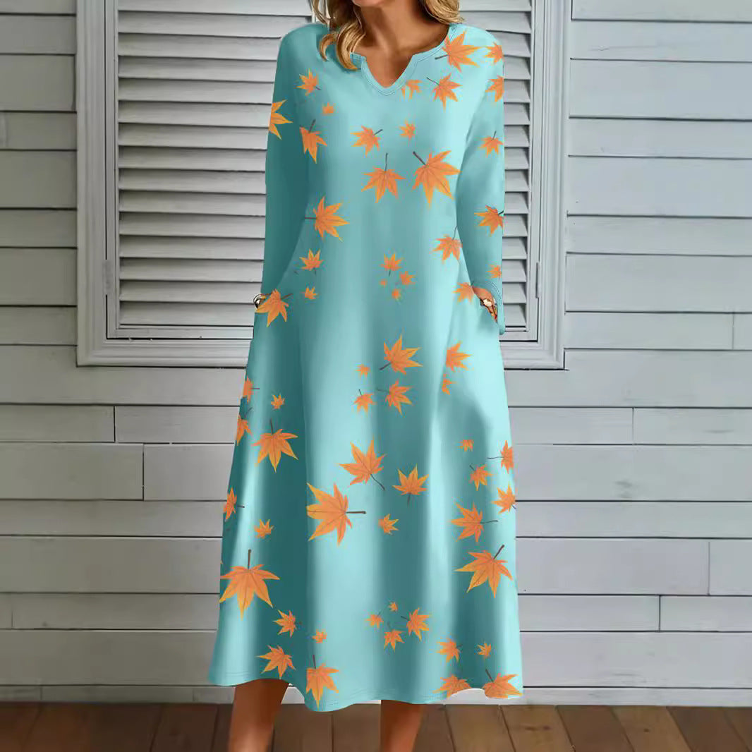 Damen Maxikleid mit V-Ausschnitt und herbstlichem Blattdesign R&B