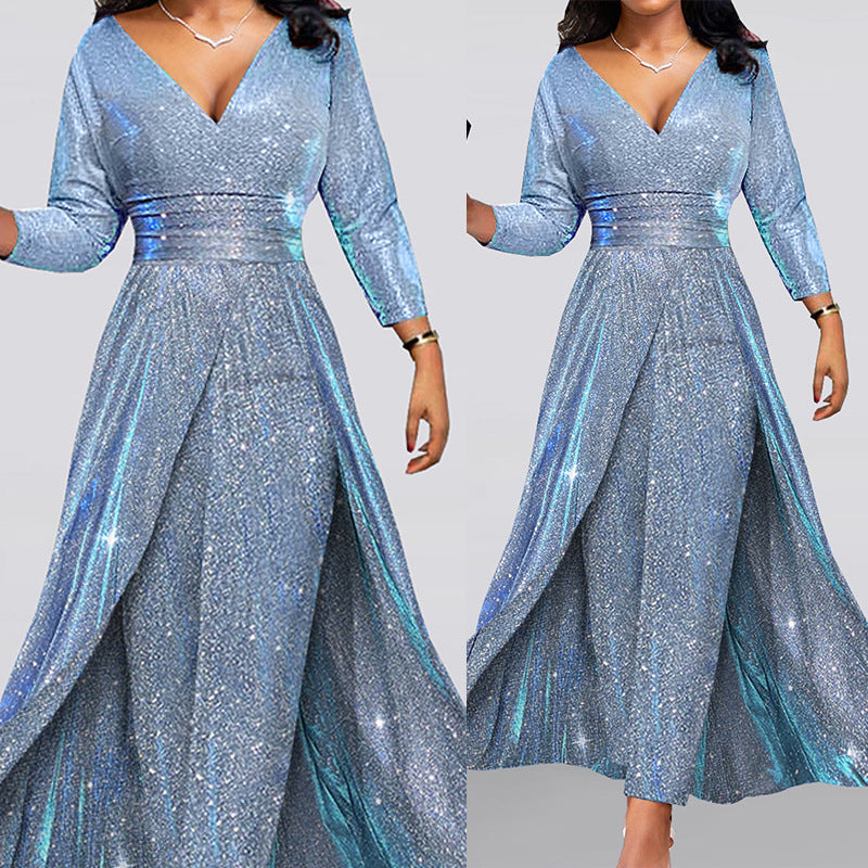 Damen Glitzerndes Maxikleid mit eleganter Teilung und schimmerndem Stoff R&B