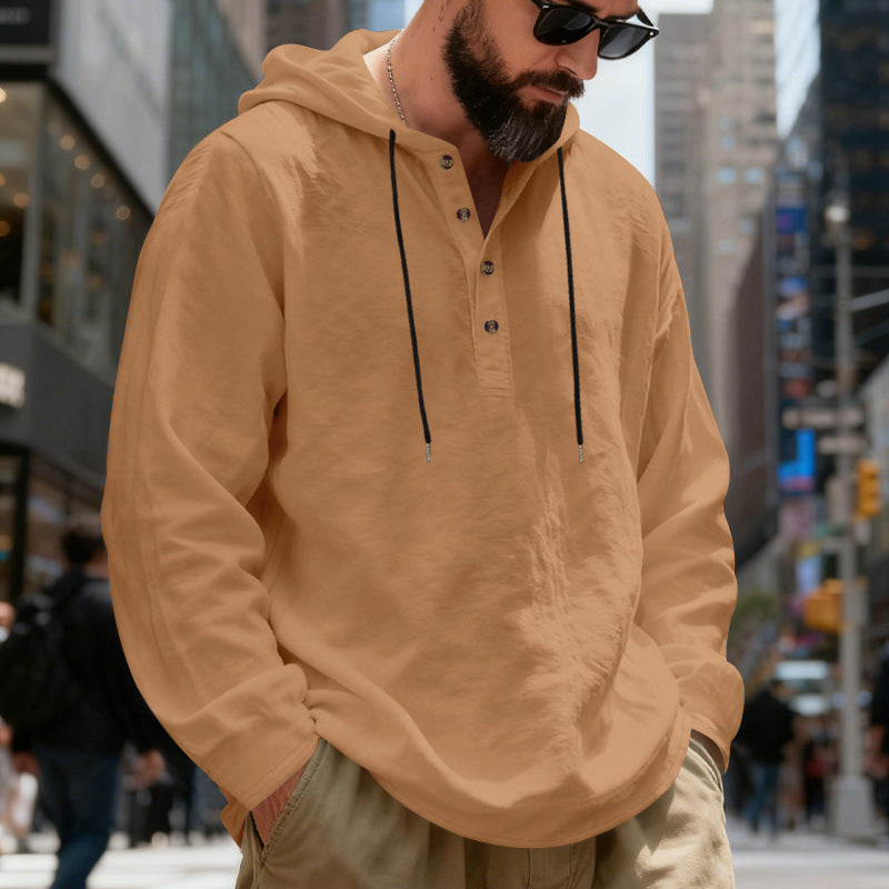 Herren nan leichter Kapuzenshirt mit Knopfleiste aus Leinenmischung und entspanntem Schnitt R&B