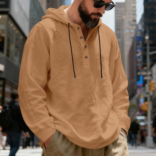 Herren nan leichter Kapuzenshirt mit Knopfleiste aus Leinenmischung und entspanntem Schnitt R&B