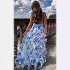 Damen Fließendes Chiffon Maxikleid mit Rüschendetails und floralen Akzenten EB