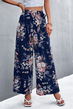 Damen Weite Blumenhose mit elastischem Bund und Bindegürtel R&B