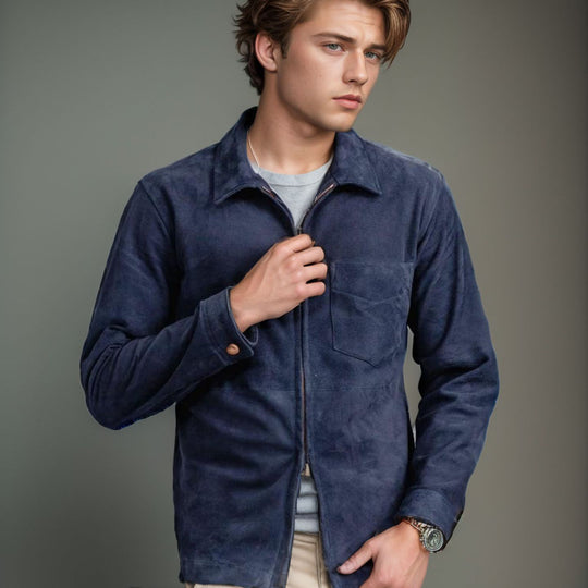 Herren schicke und lässige Wildlederjacke mit Stehkragen R&B