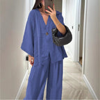 Damen nan entspanntes Zweiteiler-Leinenensemble mit kimonoartiger Oversize-Jacke und weiter Palazzohose R&B