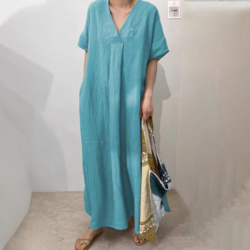Damen Langes Leinenkleid mit V-Ausschnitt und lässigem Schnitt R&B