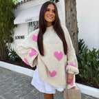 Damen grob gestrickter Pullover mit Herzmotiven und lässigem Schnitt R&B