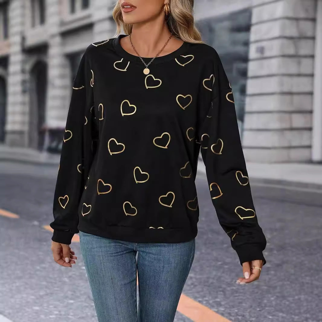 Damen nan lockeres Herzprint-Sweatshirt mit Rundhalsausschnitt und Rippbündchen R&B