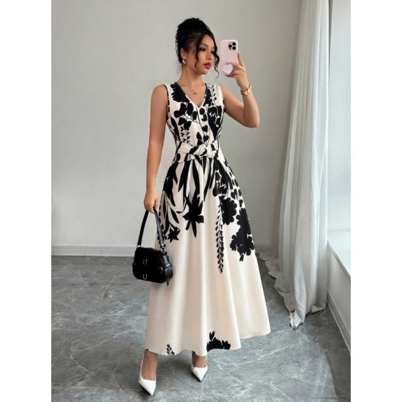 Damen Maxikleid mit floralem Design und taillierbarem Gürtel R&B