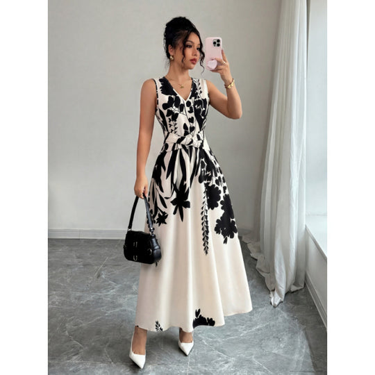 Damen Maxikleid mit floralem Design und taillierbarem Gürtel R&B