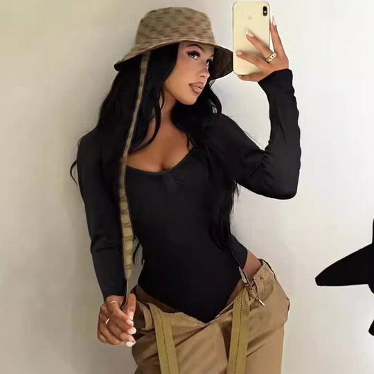 Damen Elegant geschnittener Langarm-Bodysuit mit Rüschendetails R&B