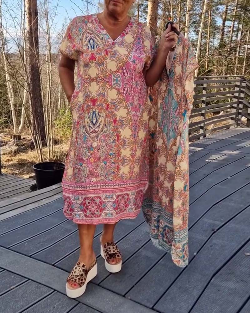 Damen nan luftiges V-Ausschnitt-Kleid im Paisley-Print mit Eingrifftaschen und passendem Pareo R&B