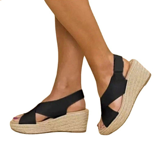 Damen Wedge-Sandalen mit Cross-Over-Riemen und juteumrandeter Sohle R&B