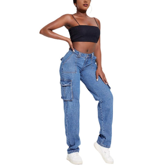 Damen Vintage Cargo Jeans mit elastischem Bund und seitlichen Taschen R&B
