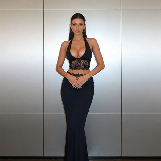 Damen Elegantes Spitzen-Crop-Top mit hochgeschnittenem Maxiröckchen R&B