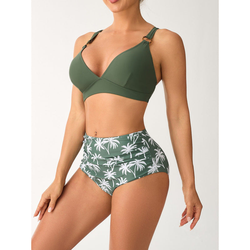 Damen Bikini-Set mit hohem Bund und modischem Palmendruck R&B