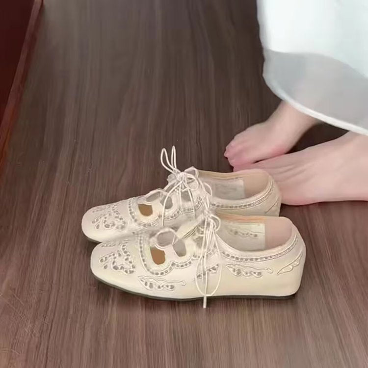Damen Ballerina-Slipper mit dekorativer Schnürung und filigranem Spitzenmuster R&B