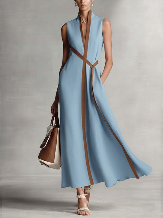 Damen elegantes Maxikleid mit Taillenschnitt und schmalem Gürtel R&B