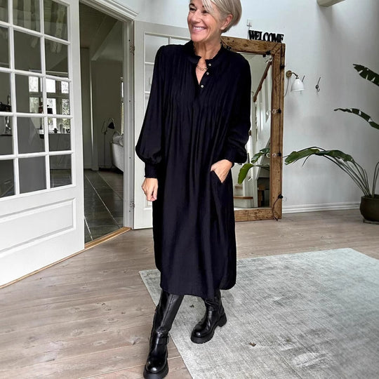 Damen nan lockeres Midikleid mit feiner Plissee-Optik, Stehkragen, kurzer Knopfleiste, gesmokten Manschetten und Eingrifftaschen R&B