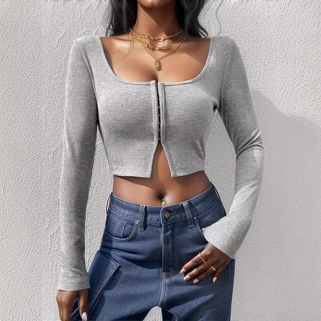 Damen Cropped Oberteil mit Reißverschluss und langem Arm R&B