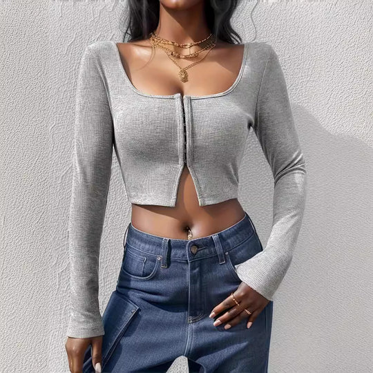 Damen Cropped Oberteil mit Reißverschluss und langem Arm R&B
