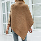 Damen Strickponcho mit hohem Kragen und dekorativen Knöpfen R&B